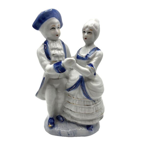 Vintage Colonial Couple Figurine Man Dancing with Lady/ Blue & White Porcelain - Picture 1 of 7